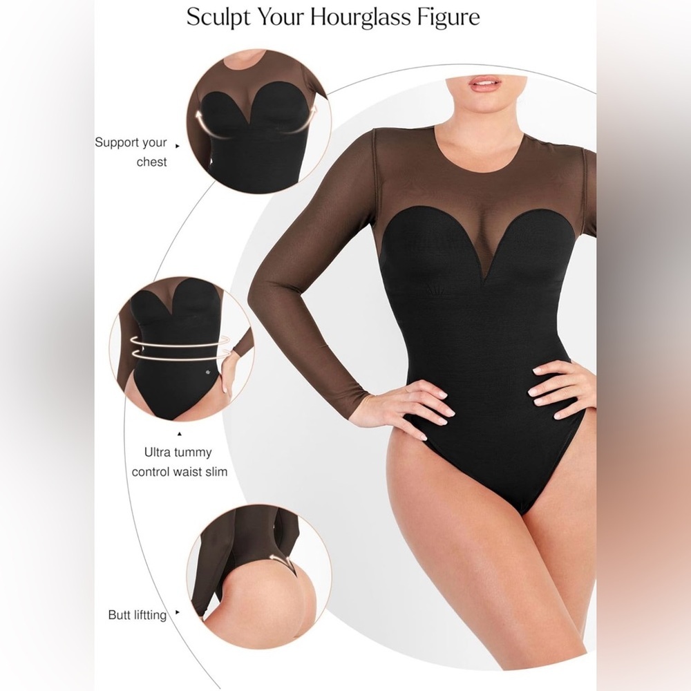 NWT Popilush Sheer Mesh Shapewear Long Sleeve Thong Bodysuit - Picture 4 of 8